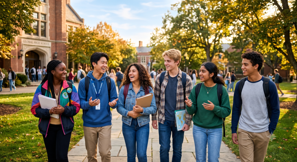 A bright and cheerful group of diverse high school students, smiling and talking together outdoors on a beautiful school campus. They look excited, hopeful, and full of energy, representing study abroad and global education. Warm sunlight, high quality, natural and realistic photo.